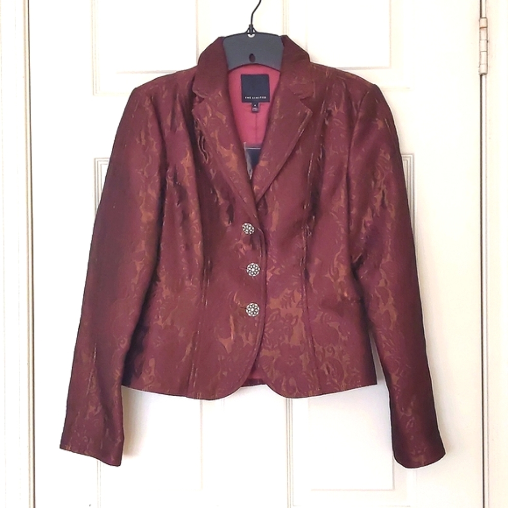 NWT. The Limited Fully lined burgundy brown jacquard blazer with jeweled buttons